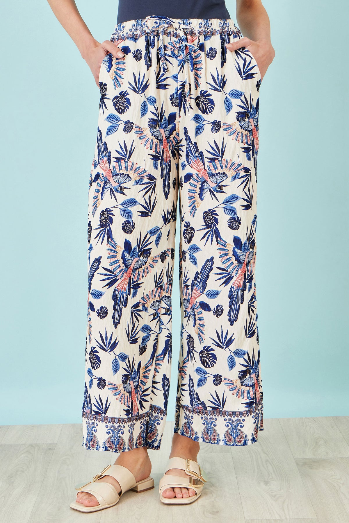 Yumi Blue Bird Print Viscose Wide Leg Trousers TROUSER Yumi