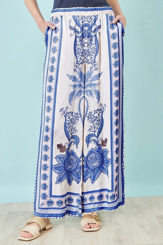 Yumi Blue Satin Print Placement Relaxed Trousers TROUSER Yumi