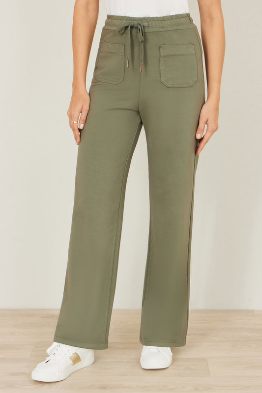 Yumi Khaki Relaxed Stretch Wide Leg Trousers With Pockets TROUSER Yumi