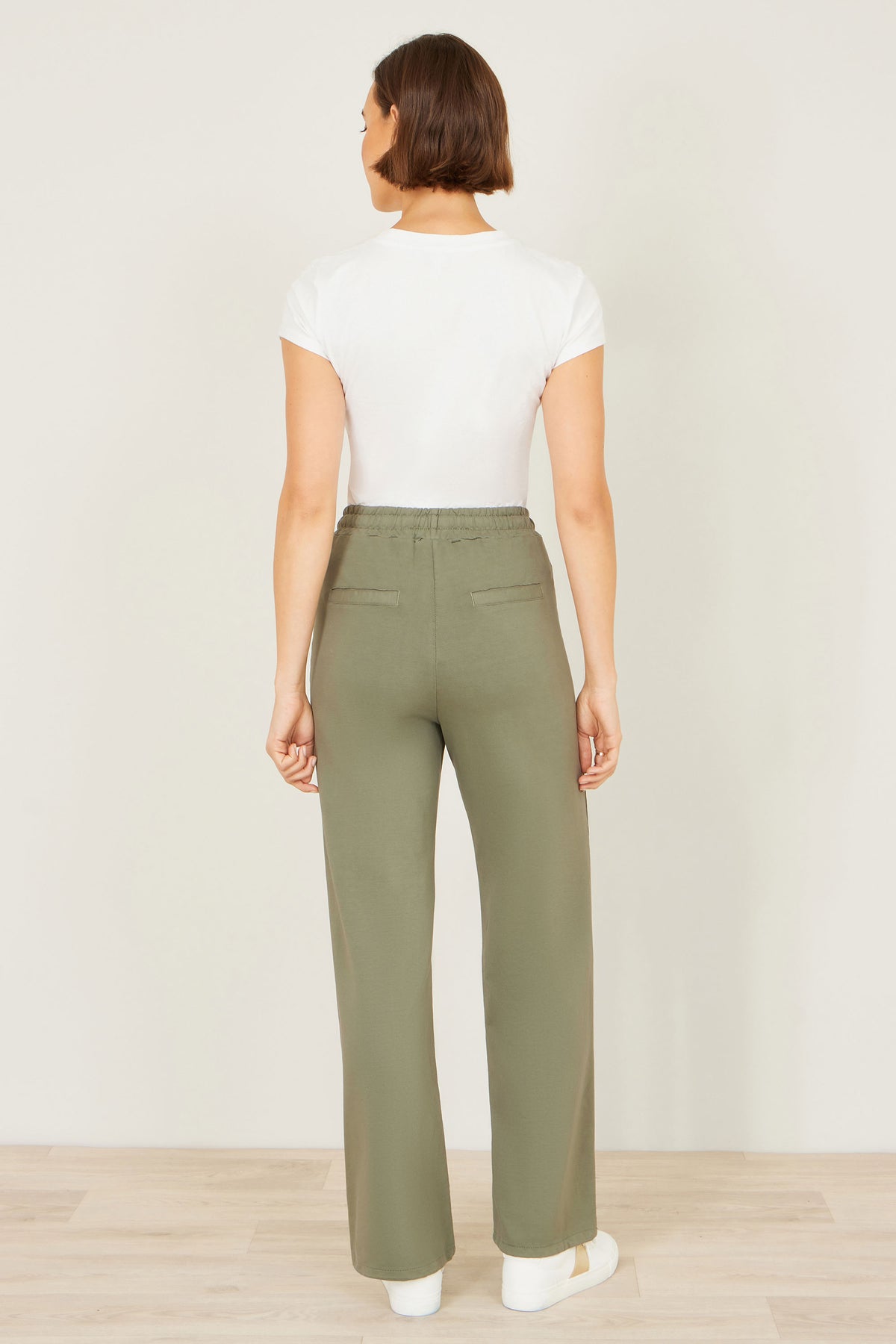 Yumi Khaki Relaxed Stretch Wide Leg Trousers With Pockets TROUSER Yumi