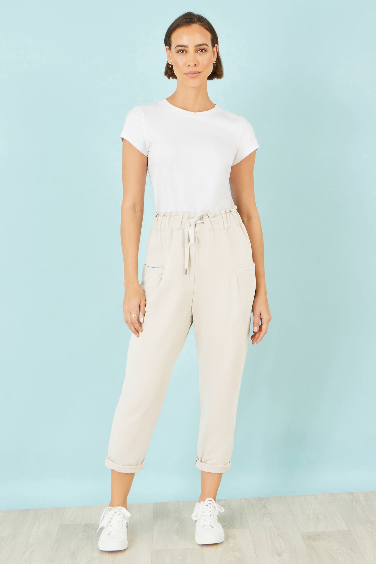 Yumi Cream Cotton Relaxed Stretch Trousers With Pockets TROUSER Yumi