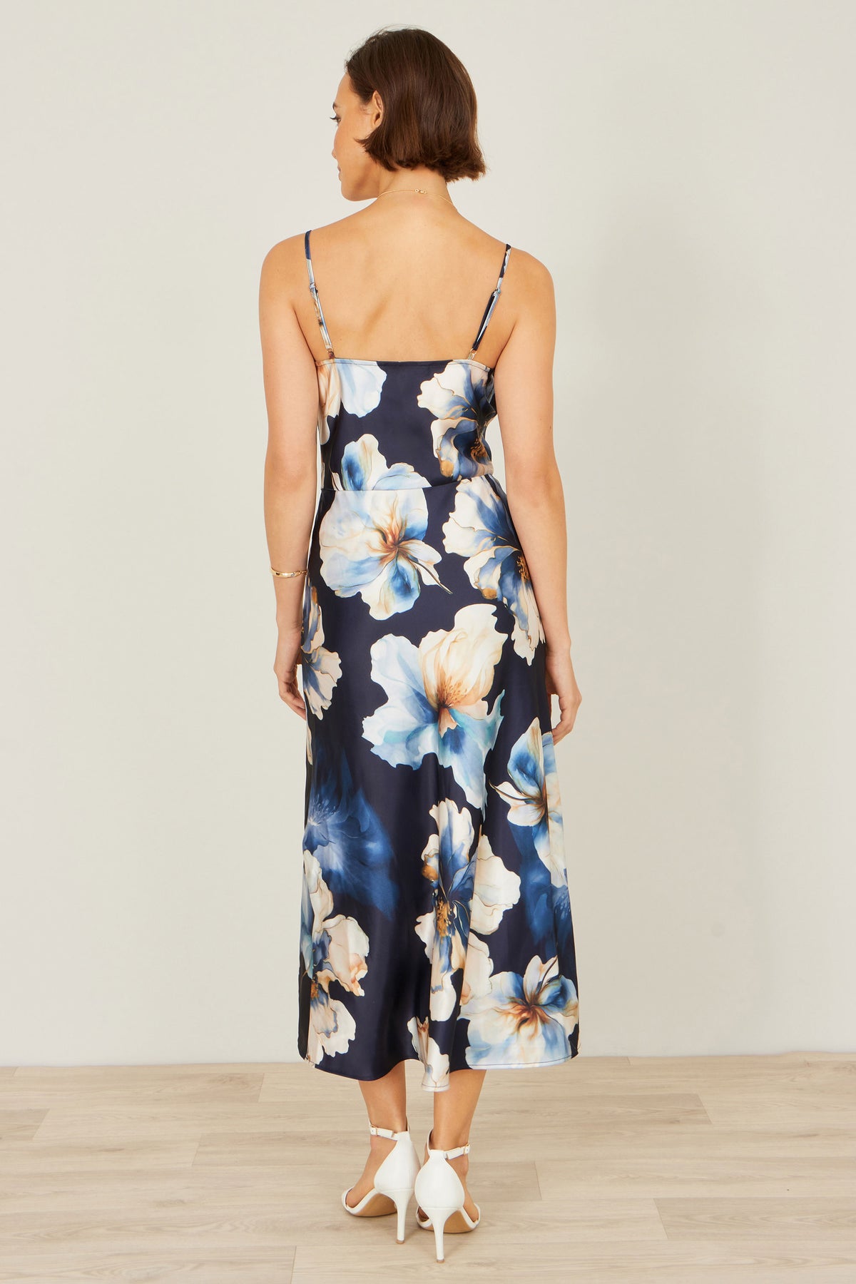 Yumi Navy Cowl Neck Satin Floral Dress Dress Occasion Yumi