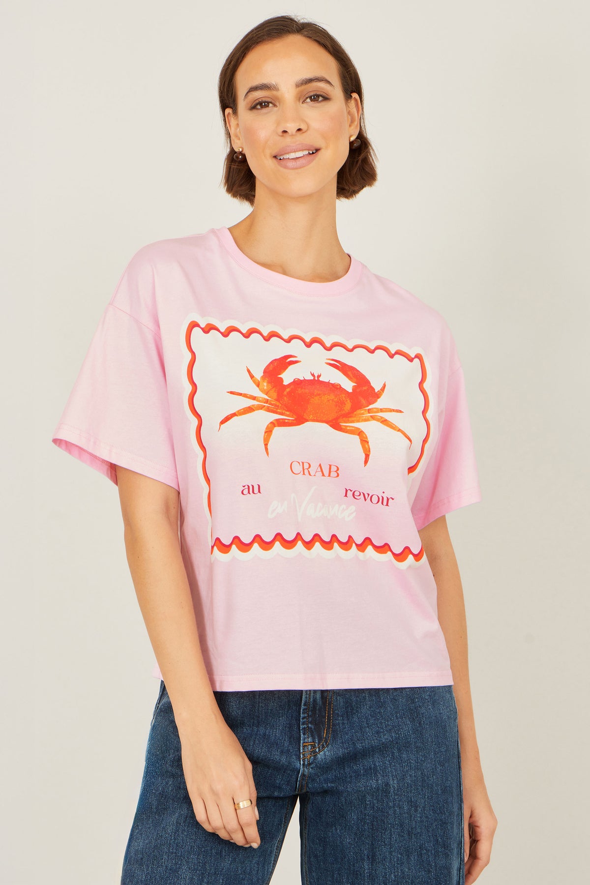 Yumi Pink Crab Vacation Print T Shirt Tops Yumi