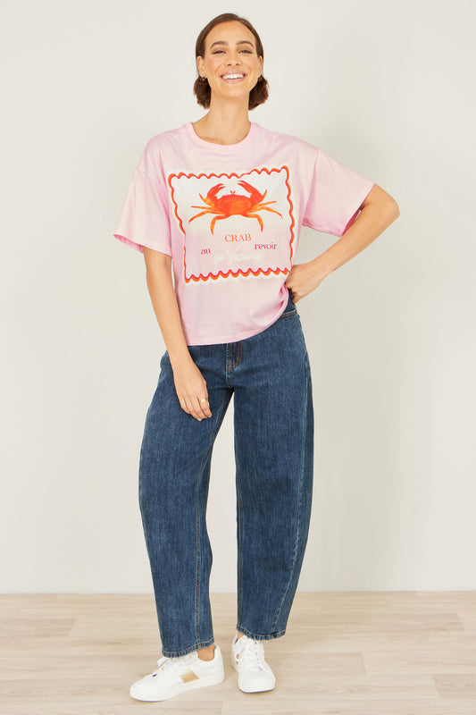 Yumi Pink Crab Vacation Print T Shirt Tops Yumi