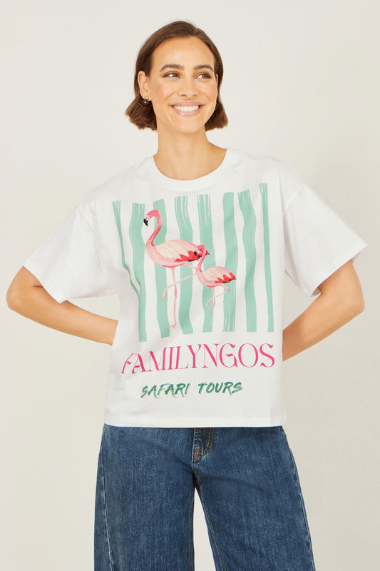 Yumi White Retro Relaxed Flamingo Cotton T Shirt Tops Yumi