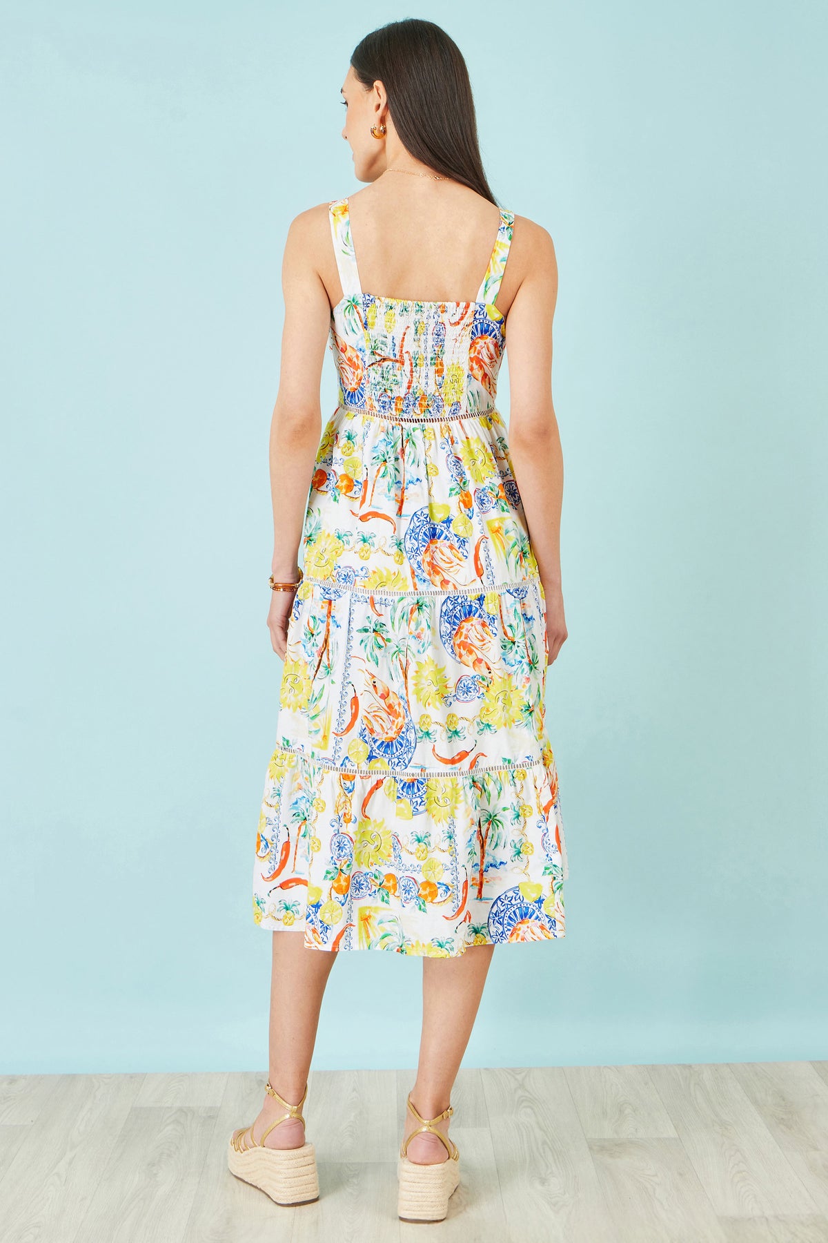 Yumi White Mediterranean Print Cotton Midi Sun Dress Dress Casual Yumi