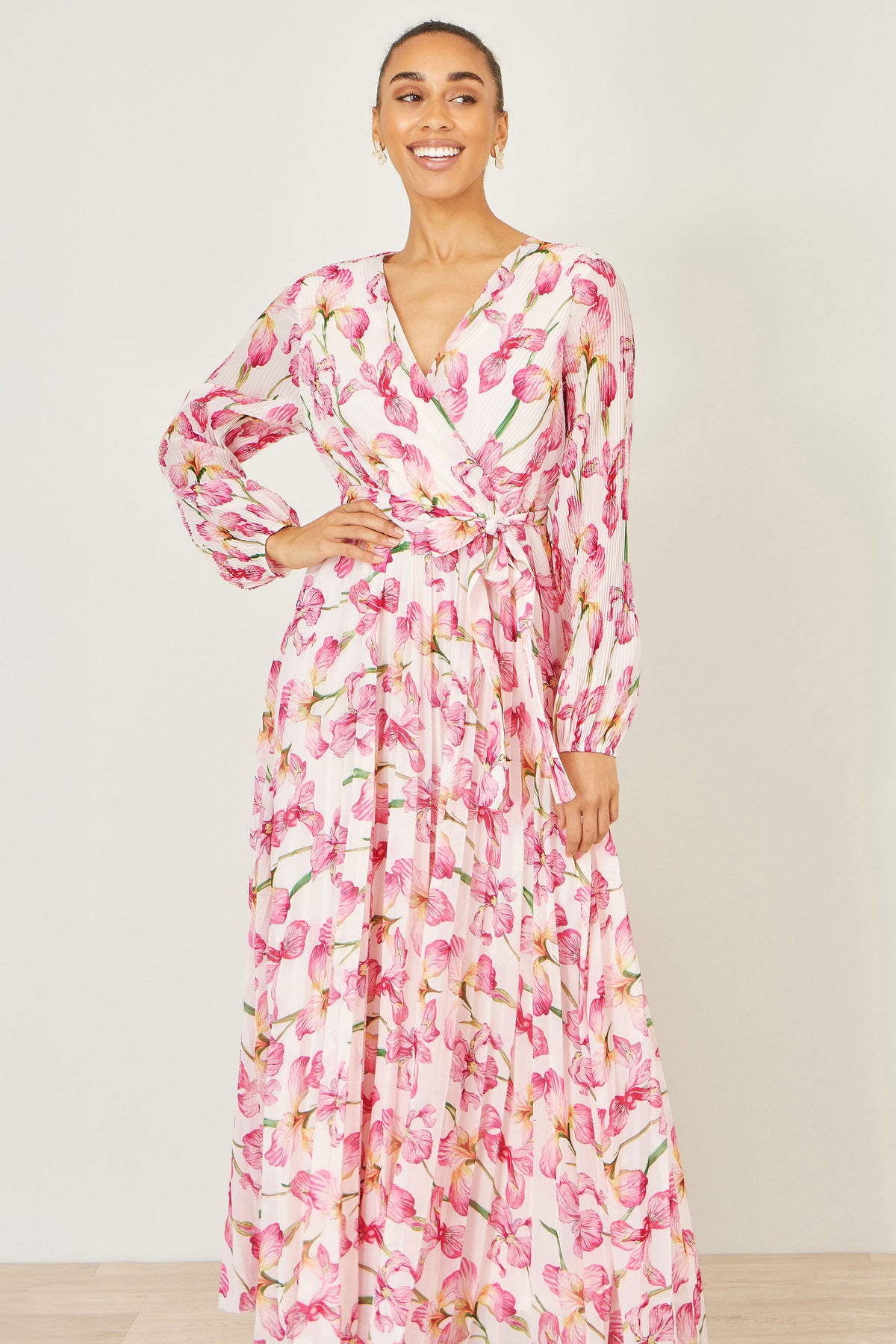 Yumi White Orchid Floral Pleated Wrap Maxi Dress Dress Occasion Yumi