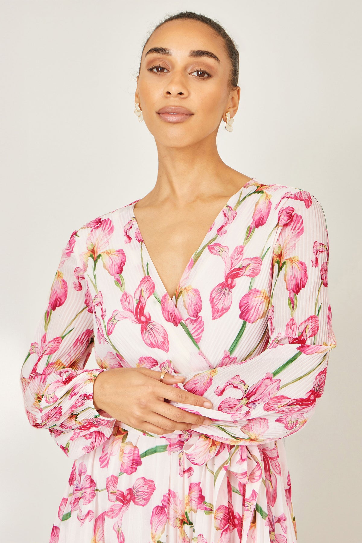 Yumi White Orchid Floral Pleated Wrap Maxi Dress Dress Occasion Yumi