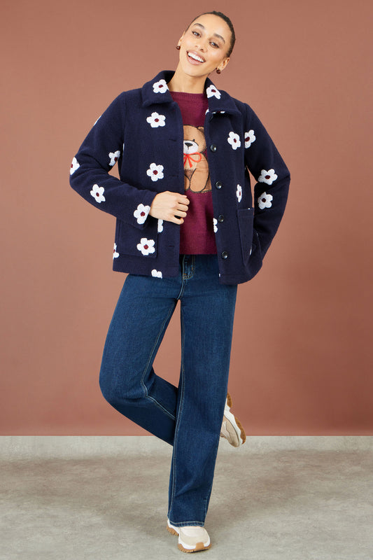 Yumi Navy Embroidered Daisy Fleece Jacket Outerwear Yumi