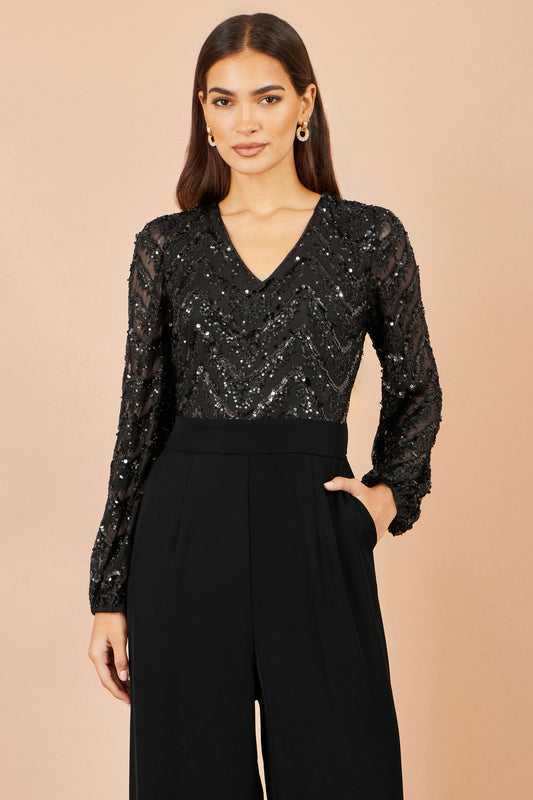 Yumi Black Sequin V Neck Jumpsuit Jumpsuit Yumi