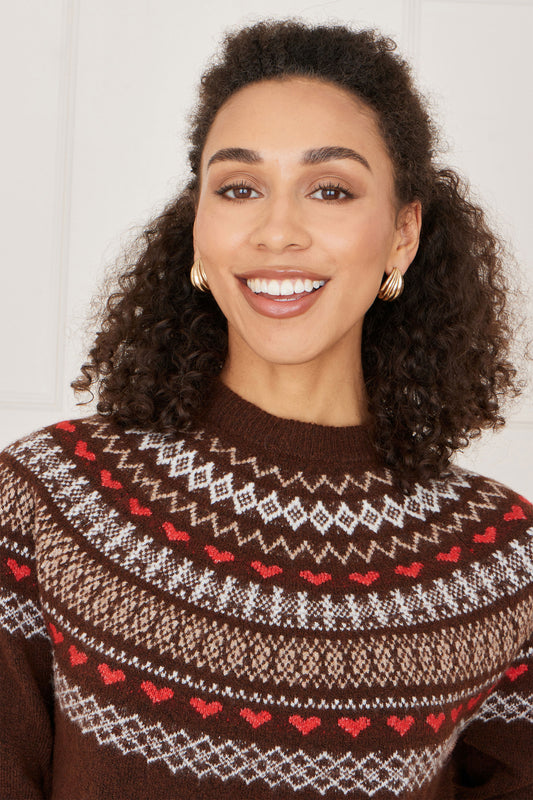 Yumi Brown Relaxed Fairisle Jumper Knit Xmas Jumper Yumi