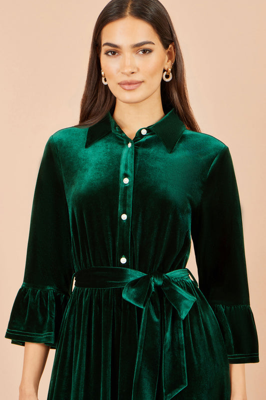 Yumi Green Velvet Midi Dress With Fluted Sleeves Dress Party Yumi