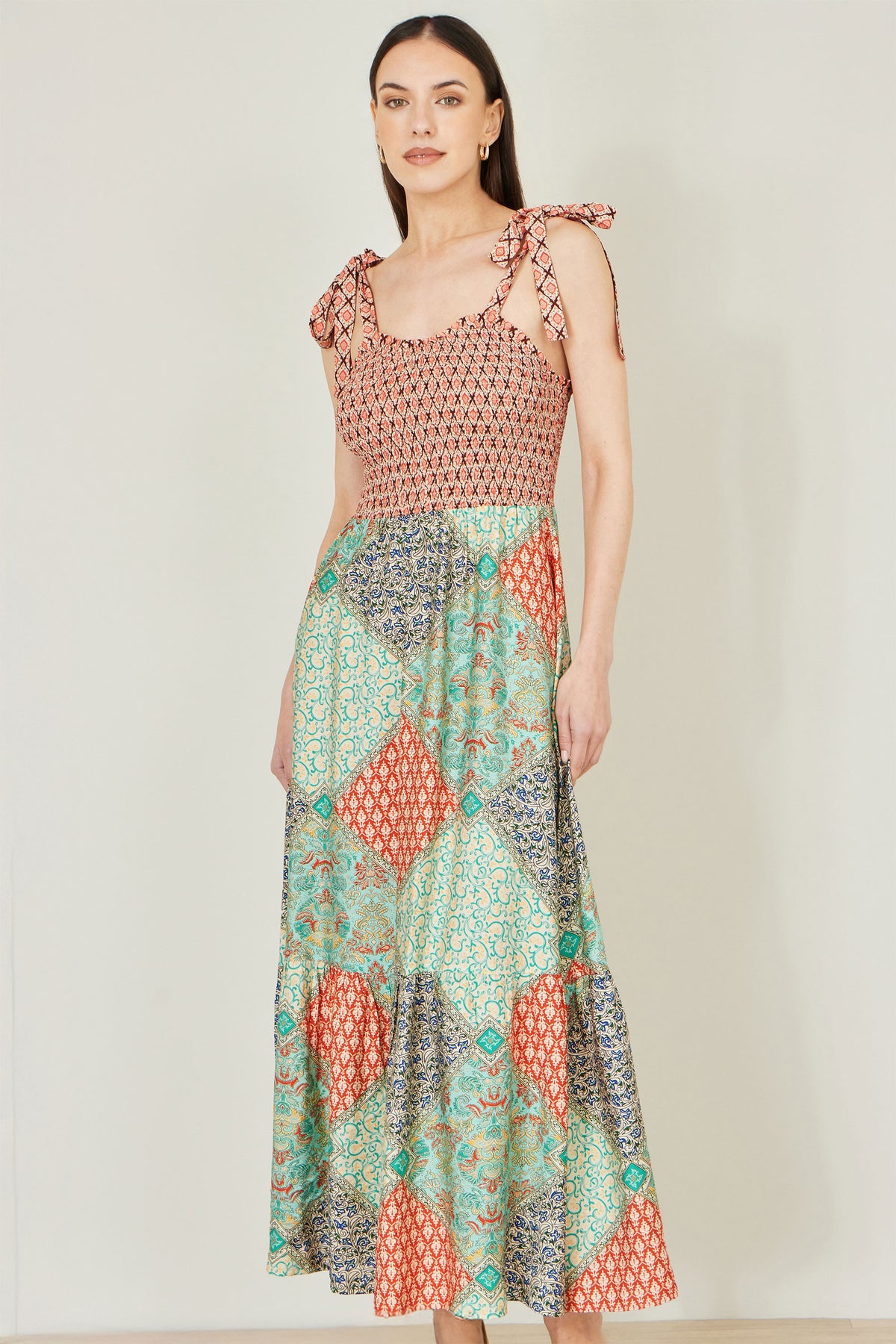 Yumi Multicolour Patchwork Ruched Smocked Maxi Sundress Dress Casual Yumi