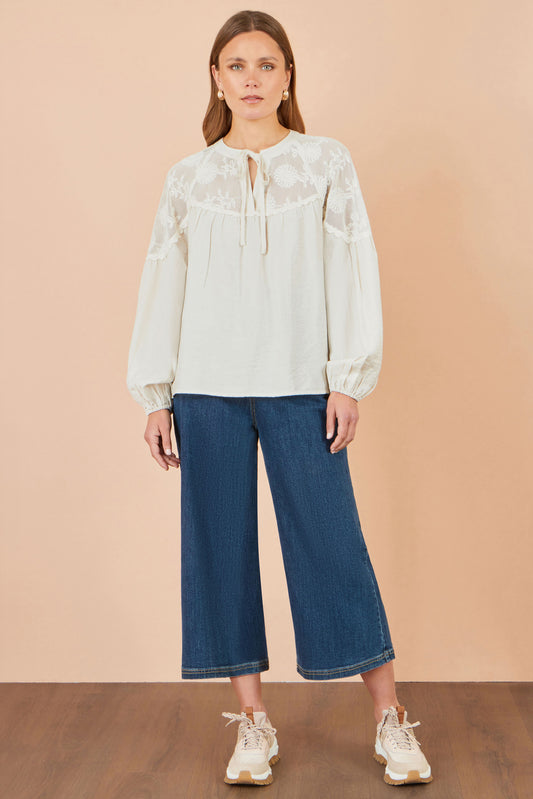 Yumi Ivory Viscose Lace Relaxed Boho Shirt Tops Yumi