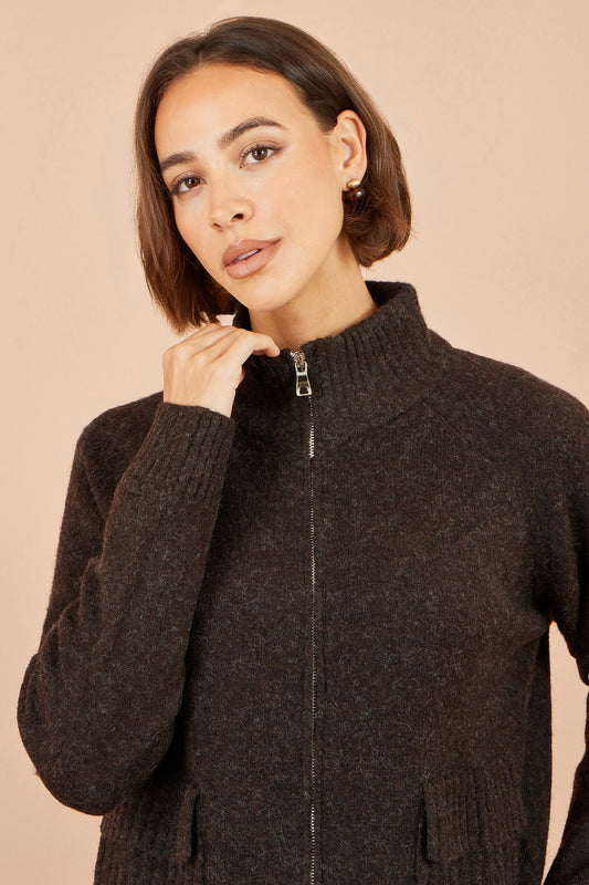 Yumi Brown Zip Up Cardigan Knit Cardigan Yumi