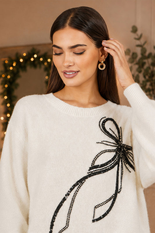 Yumi Ivory Sequin Bow Relaxed Jumper Knit Xmas Jumper Yumi