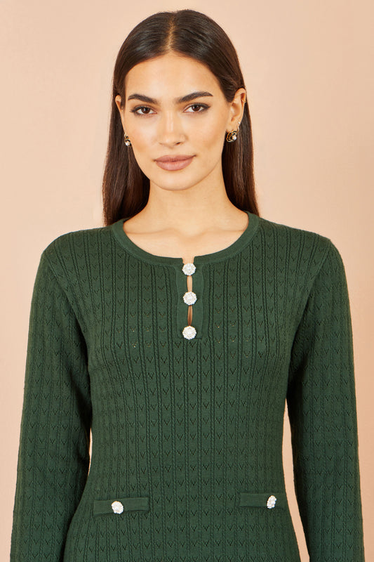 Yumi Green Viscose Knitted Midi Dress With Buttons Knit Dress Yumi