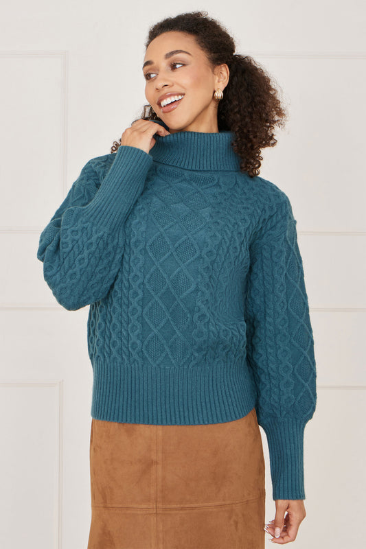 Yumi Teal Cable Knit Roll Neck Jumper Knit Jumper Yumi