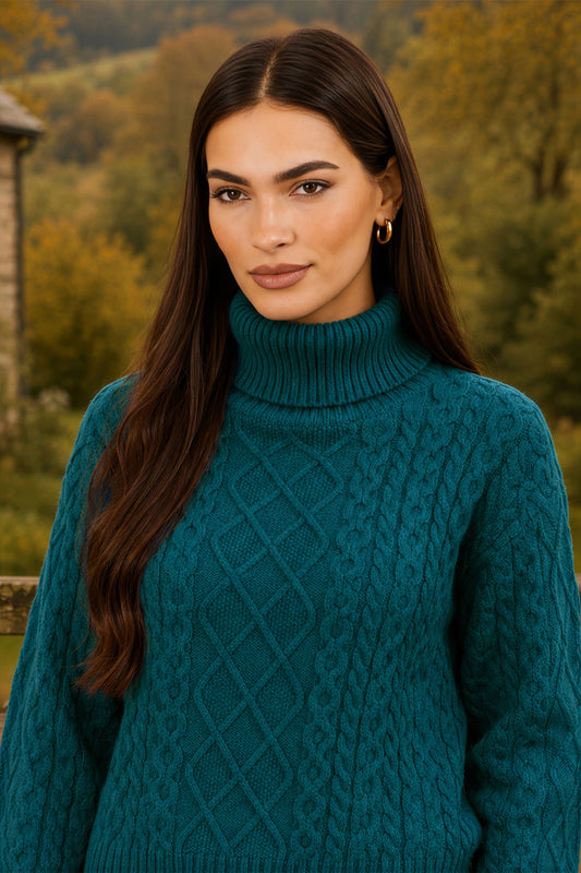 Yumi Teal Cable Knit Roll Neck Jumper Knit Jumper Yumi