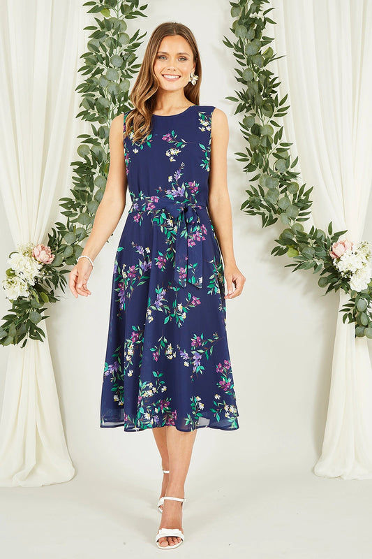 Yumi Navy Floral Print Midi Skater Dress Yumi