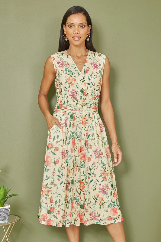 Yumi Ivory Floral Print Mesh Stretch Midi Dress With Pockets Yumi