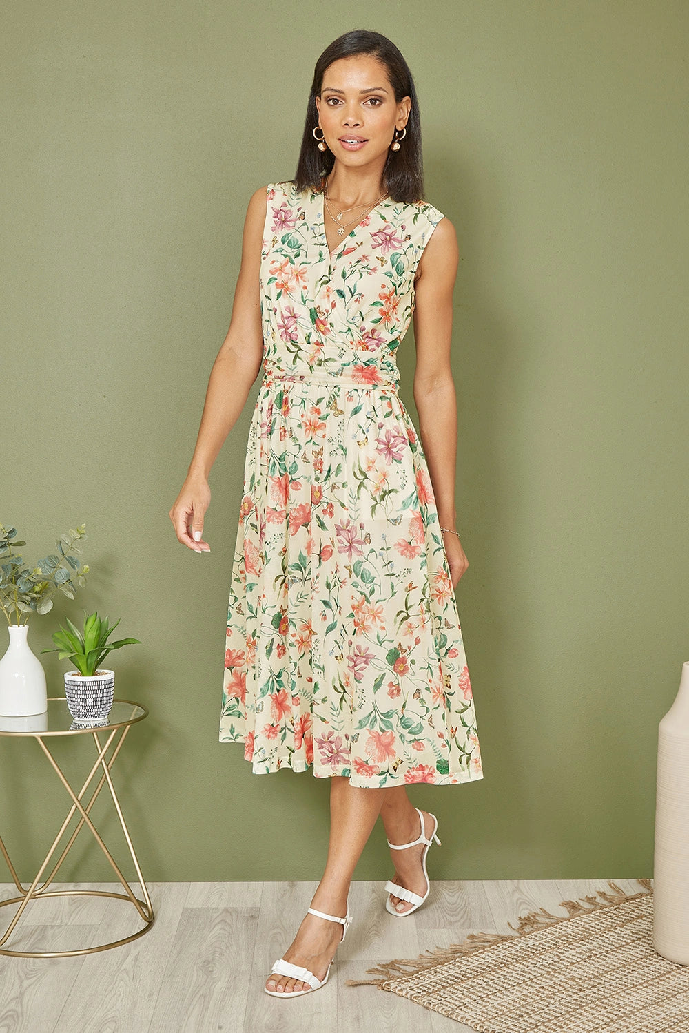 Yumi Ivory Floral Print Mesh Stretch Midi Dress With Pockets Yumi