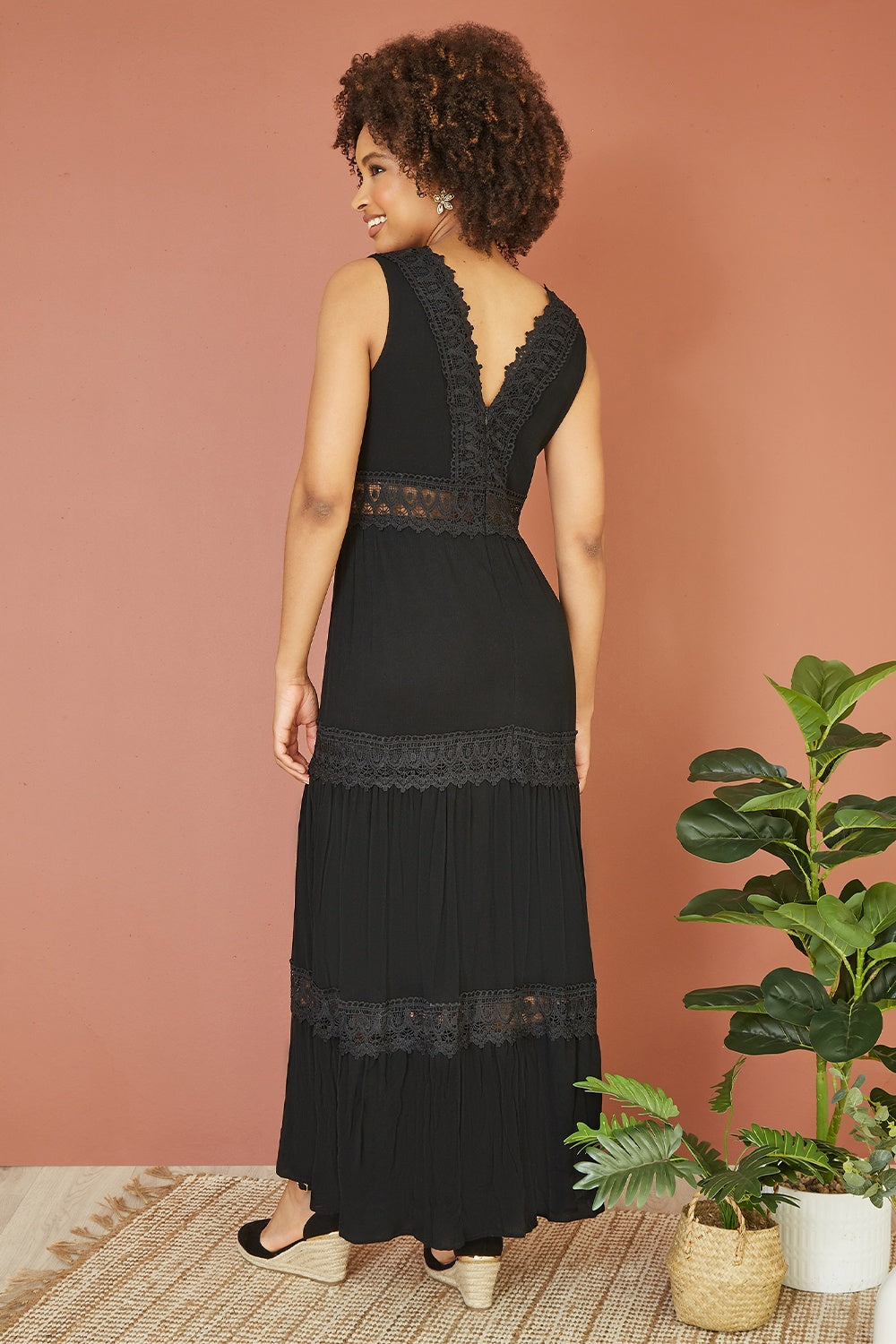 Yumi Black Lace Trim Cotton Midi Sun Dress Yumi