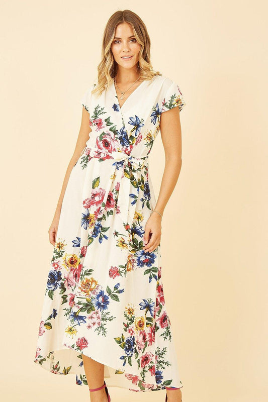Mela Ivory Floral Wrap Dip Hem Dress Mela