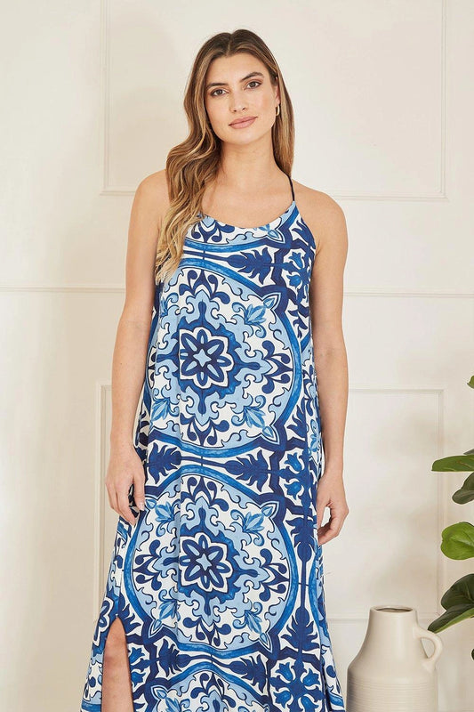 Mela Blue Tile Print Maxi Dress With Side Split Hem Mela