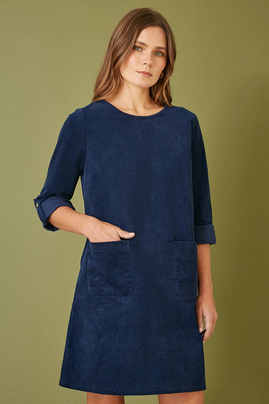 Yumi Navy Cord Tunic Dress With 3/4 Sleeves And Pockets Yumi