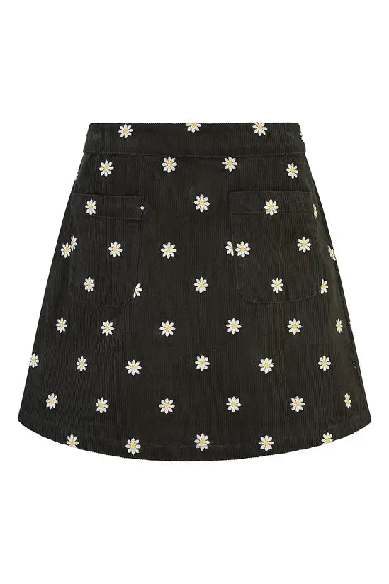 Yumi Black Corduroy Embroidered Daisy Mini Skirt Yumi