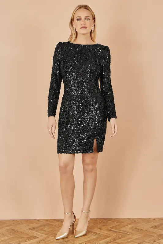 Yumi Black Sequin Long Sleeve Fitted Dress Dress Party Yumi