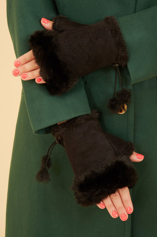 Black Fur Fingerless Suede Mittens Yumi
