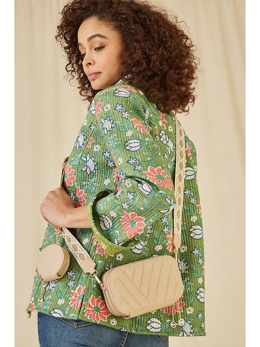 Yumi Beige Quilted Camera Bag With Cross Body Woven Strap Yumi