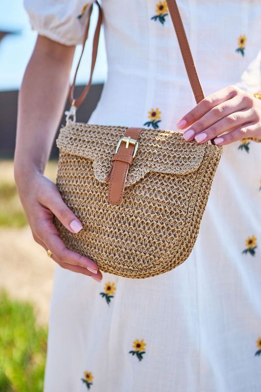 Yumi Brown Woven Rattan Handbag With Buckle ACC BAGS Yumi