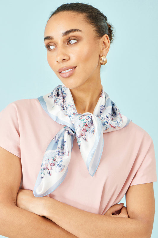 Yumi Blue 100% Silk Butterfly Placement Silk Scarf ACC SCARF Yumi