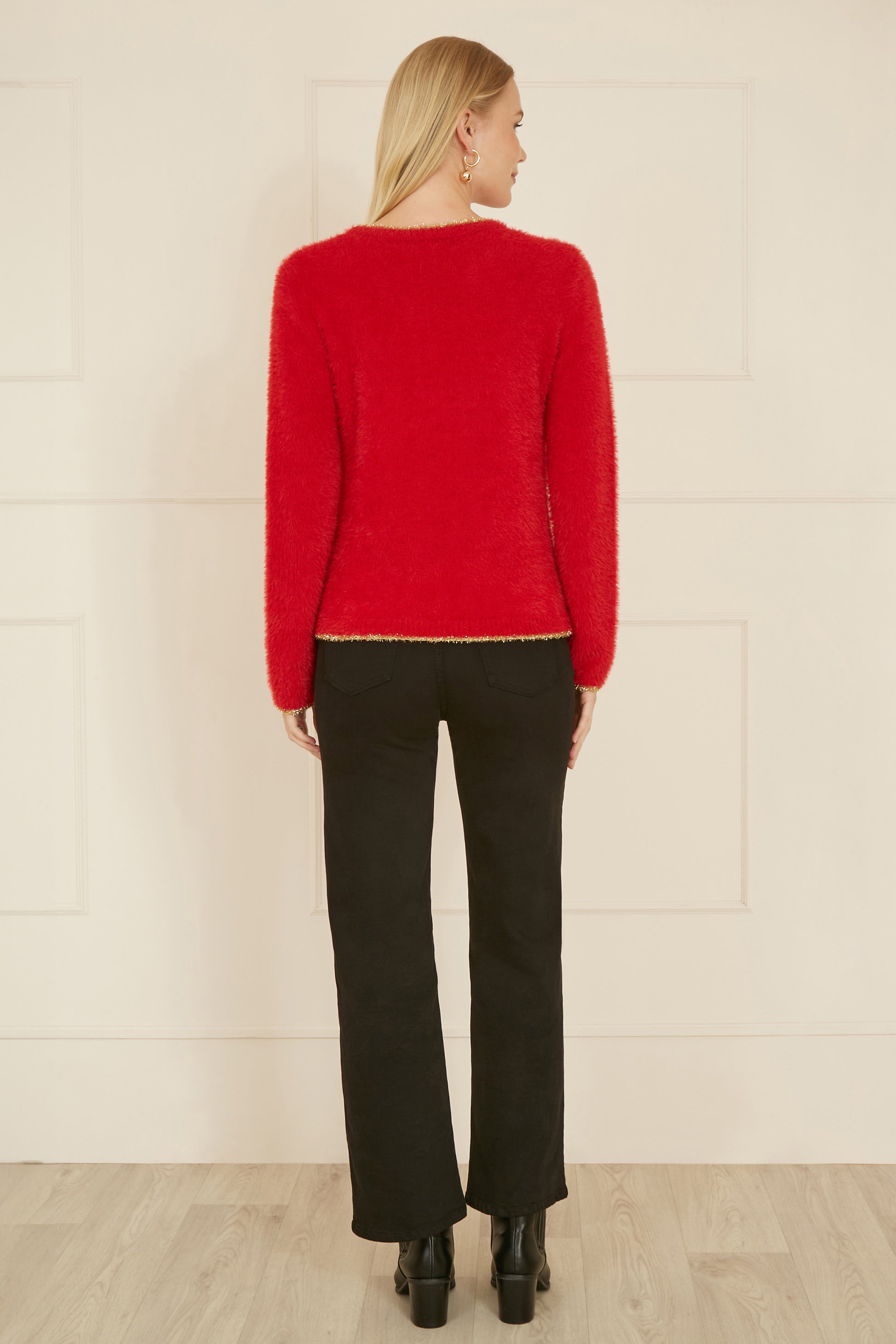 Yumi Red Knitted Fluffy Christmas Star Jumper Knit Xmas Jumper Yumi
