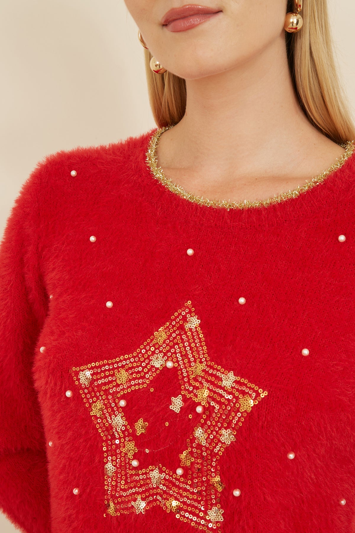 Yumi Red Knitted Fluffy Christmas Star Jumper Knit Xmas Jumper Yumi