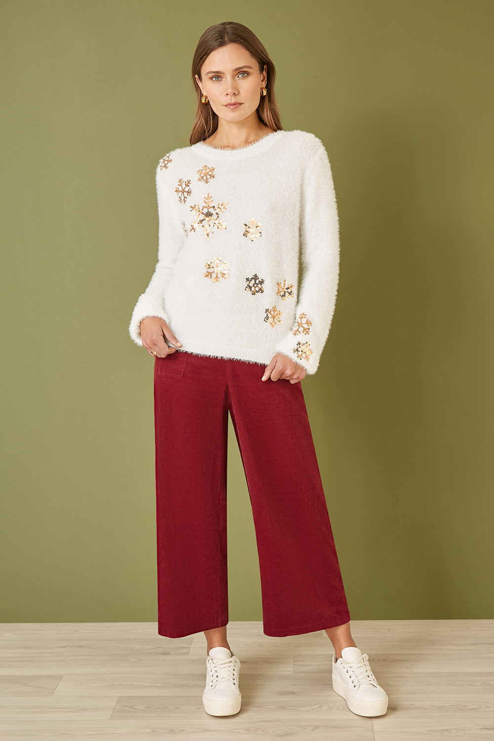 Yumi Ivory Sequin Snowflake Fluffy Jumper Knit Xmas Jumper Yumi