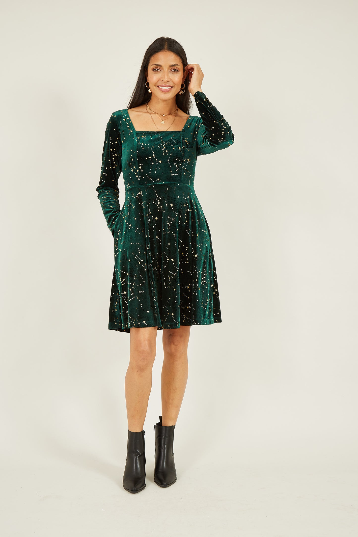 Yumi Green Star Foil Print Long Sleeve Skater Dress DRES Party Yumi