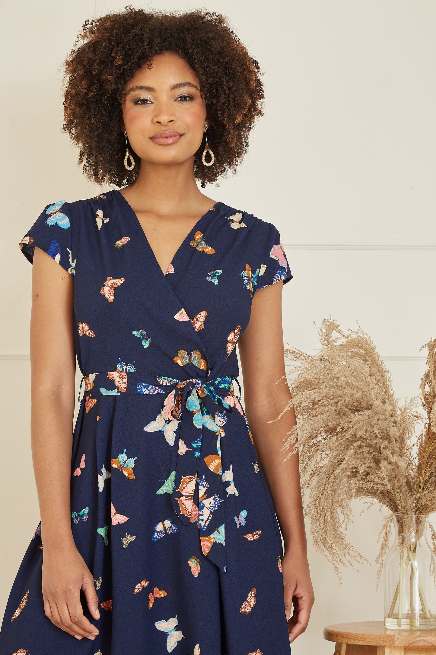 Yumi Navy Butterfly Print Dip Hem Midi Wrap Dress DRES Day Yumi