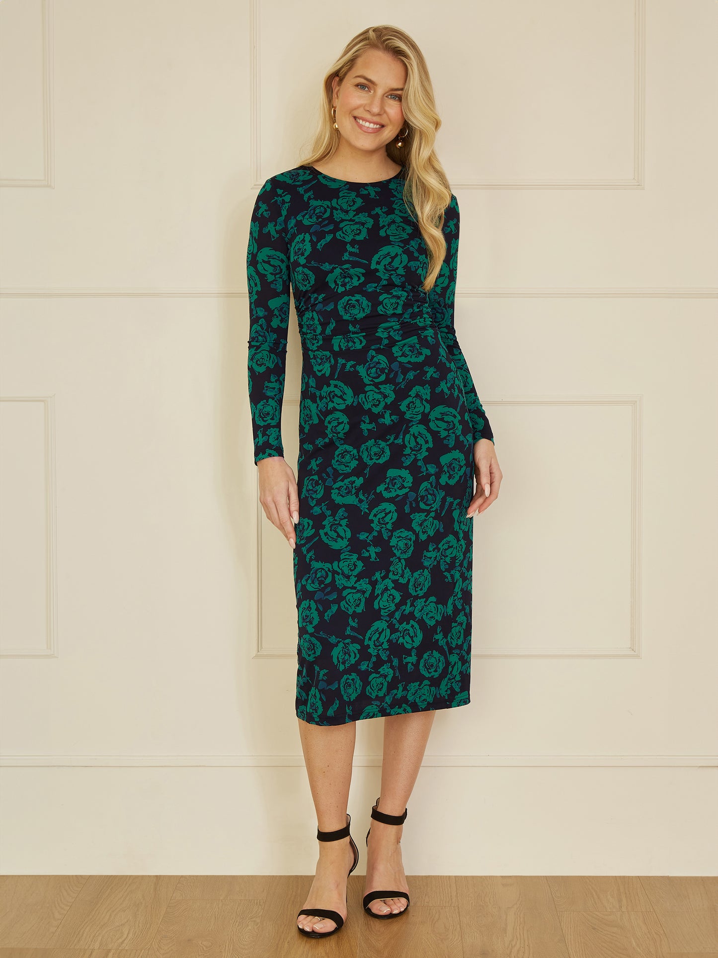 Yumi Green Floral Fitted Mesh Midi Dress With Long Sleeves Yumi