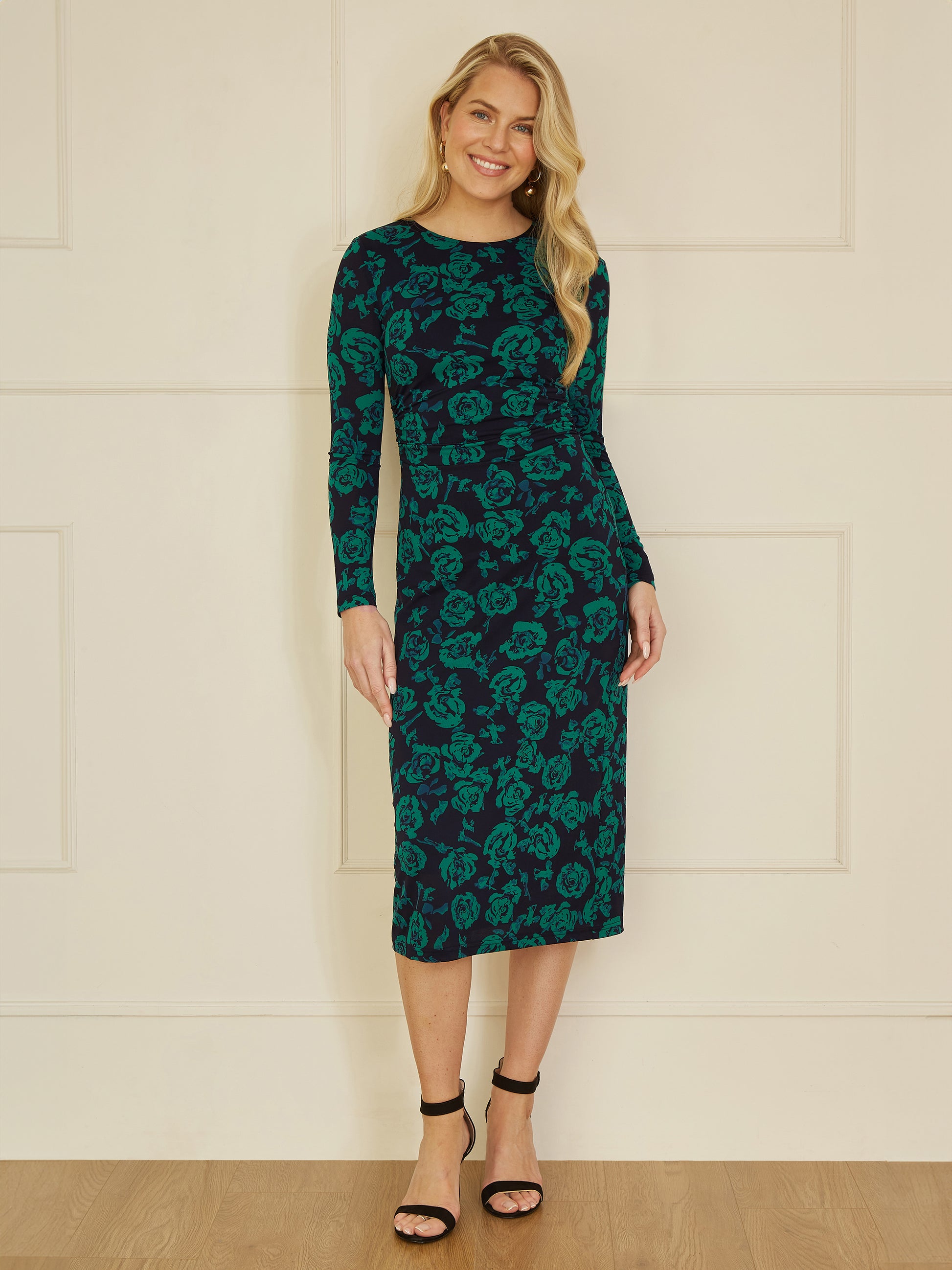 Yumi Green Floral Fitted Mesh Midi Dress With Long Sleeves Yumi