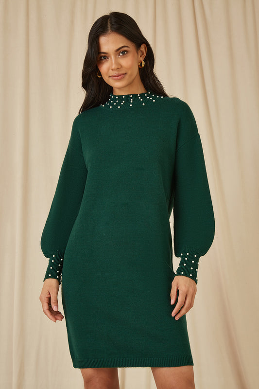 Yumi Green Pearl Detail Knitted Relaxed Jumper Dress Knit Dress Yumi