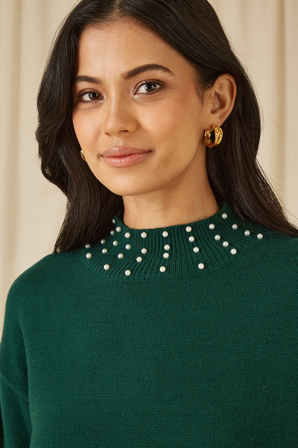 Yumi Green Pearl Detail Knitted Relaxed Jumper Dress Knit Dress Yumi