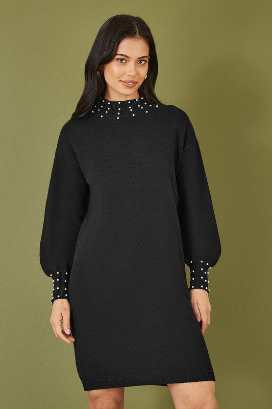 Yumi Black Pearl Detail Knitted Relaxed Jumper Dress Knit Dress Yumi
