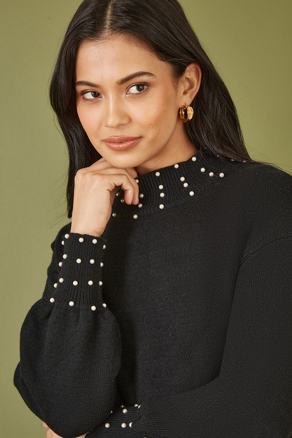 Yumi Black Pearl Detail Knitted Relaxed Jumper Dress Knit Dress Yumi
