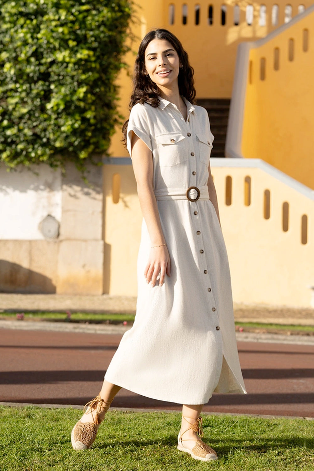 Yumi Stone Viscose Linen Look Midi Shirt Dress With Wooden Belt Yumi