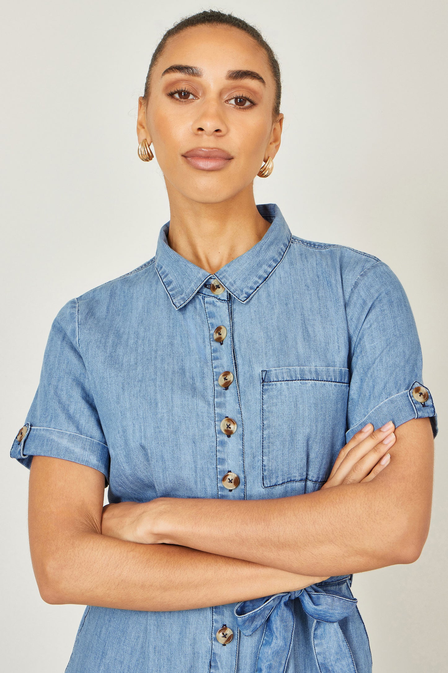 Yumi Blue Chambray Light Denim Button Jumpsuit JUMPSUIT Yumi