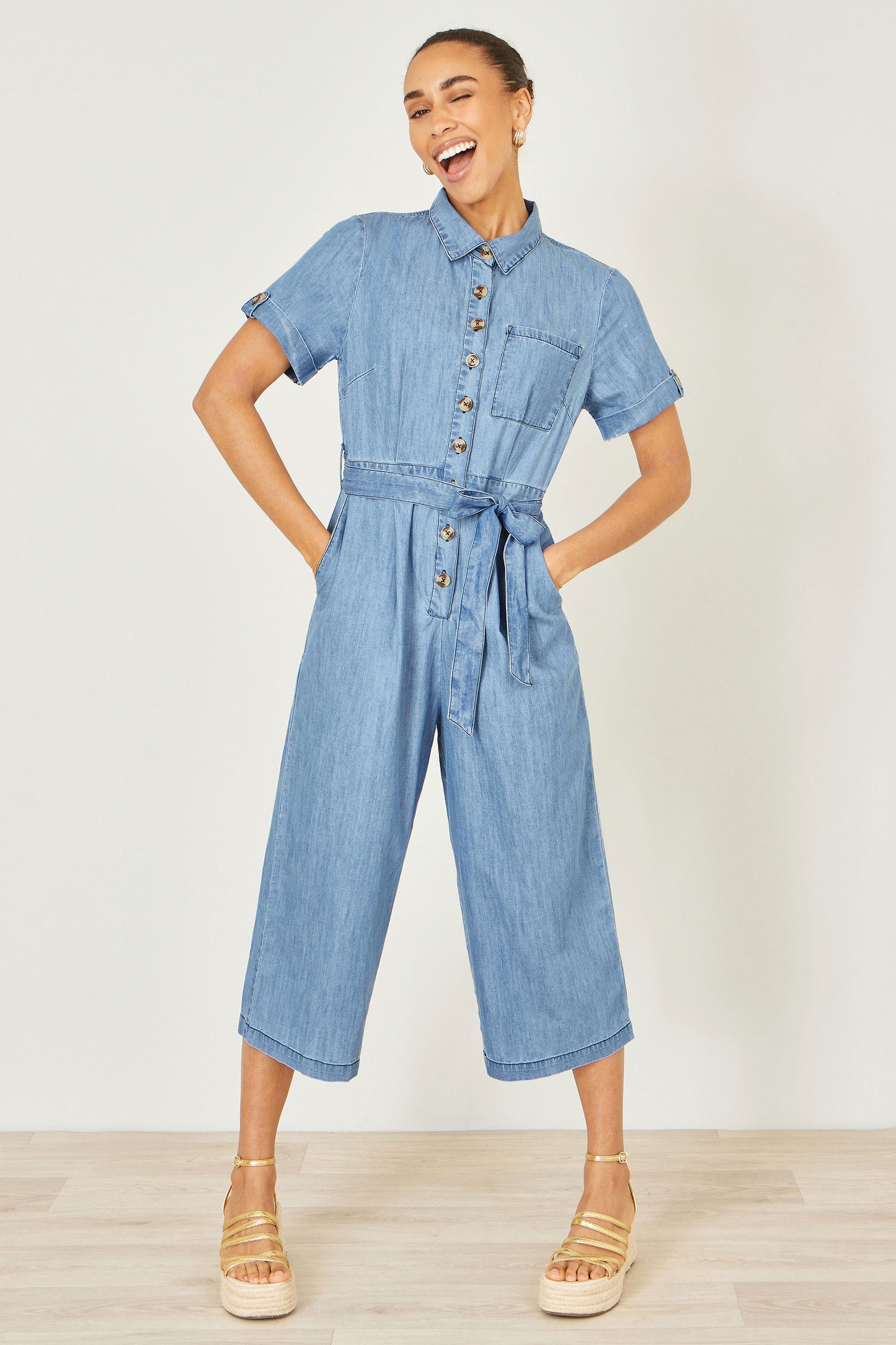 Yumi Blue Chambray Light Denim Button Jumpsuit JUMPSUIT Yumi